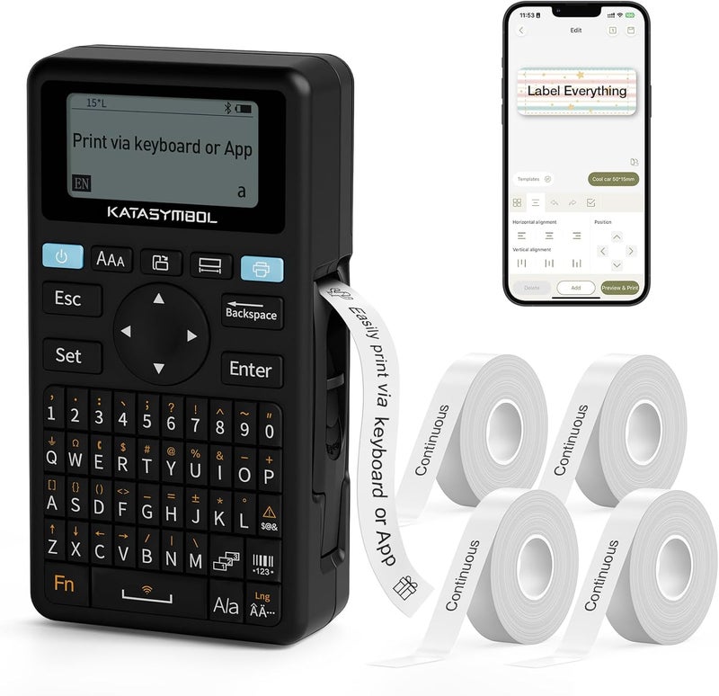 SUPVAN E11 Bluetooth Label Maker Machine with 4 Tapes, Support Keyboard & App with 40 Fonts and 650+ Icons, Rechargeable Inkless Labeler for Home, Kitchen, Office, School, Organization, Black - Image 1